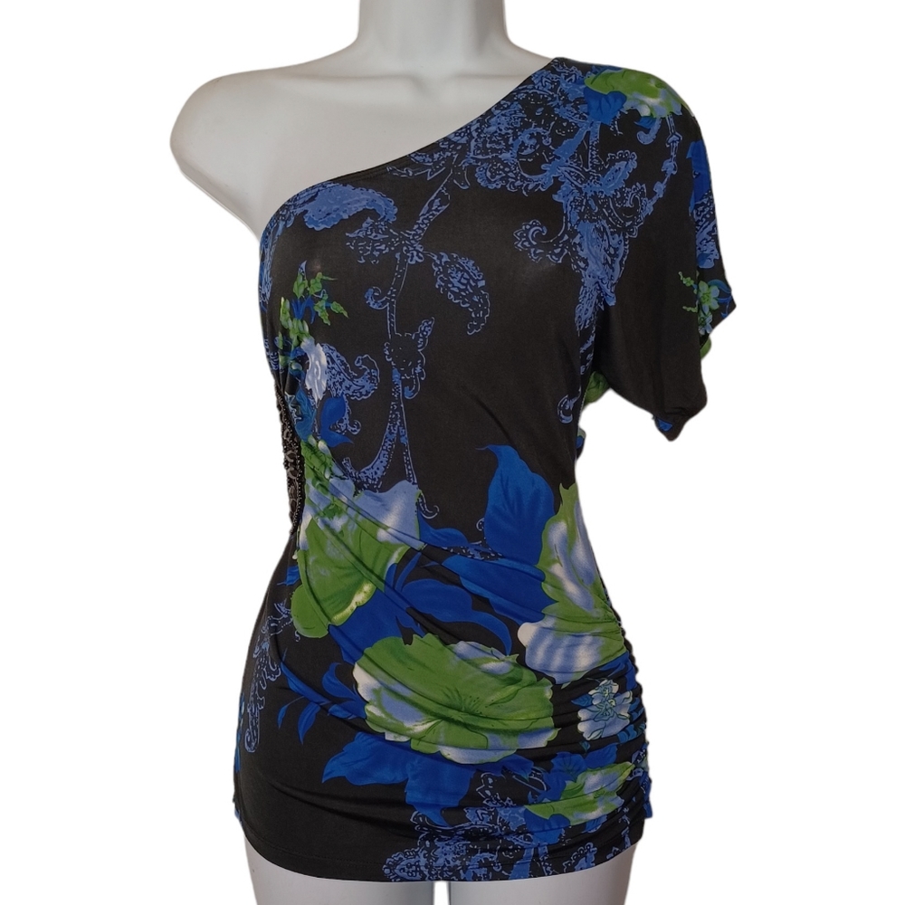 SAPA Blue Green Floral Print Beaded One Shoulder Ruching Stretchy Top Medium
